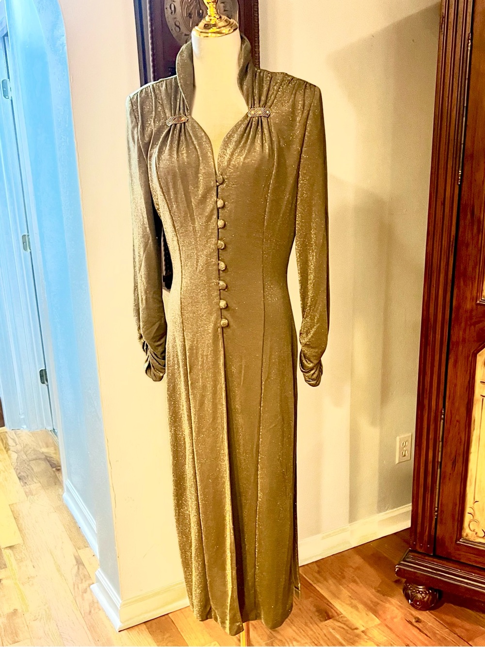 Cache VTG Gold Shimmer Button Front Duster Jacket Leopard Party Layer Size 10 - Picture 3 of 14